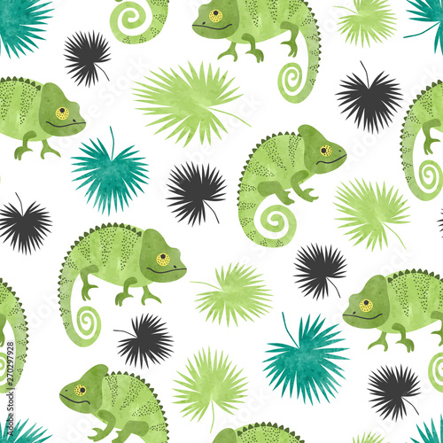 Seamless tropical pattern with green watercolor chameleons and palm leaves. © Afanasia