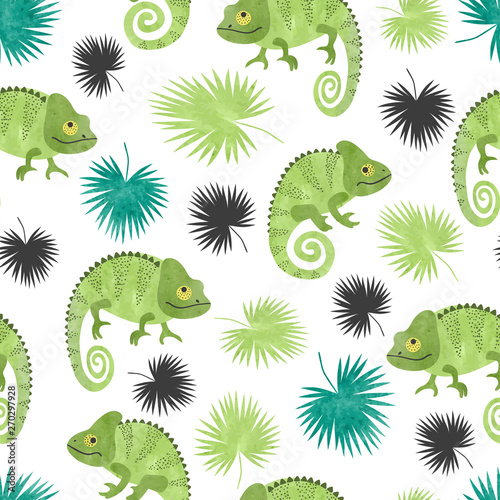 Seamless tropical pattern with green watercolor chameleons and palm leaves.