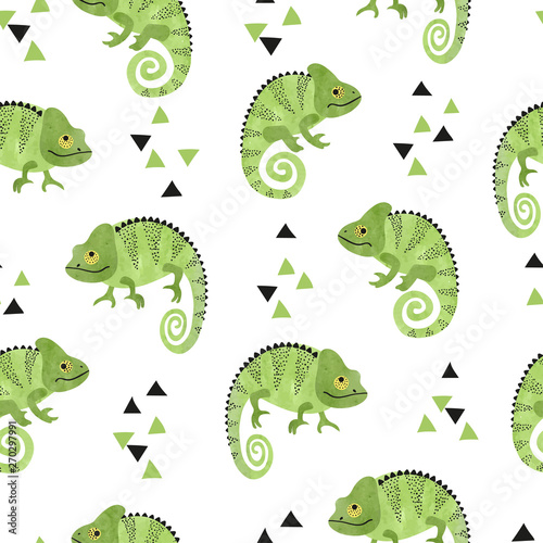 Seamless pattern with cute watercolor chameleons. Green lizards.