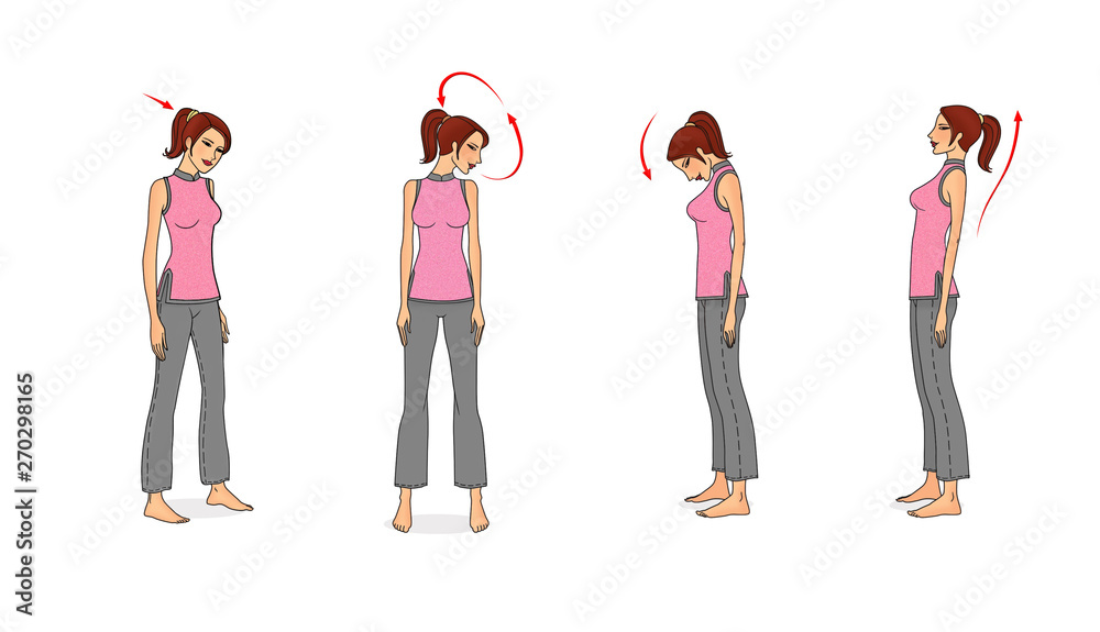 Obraz premium Girl barefoot trains mobility and flexibility of the body and joints. Inclination and rotation of the head. Chinese gymnastics. Isolated on white background