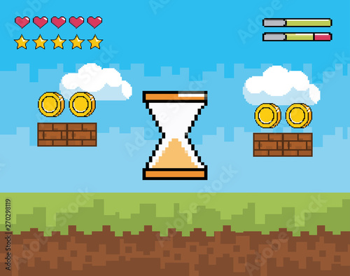 pixelated hourglass cursor with coins and life hearts bars