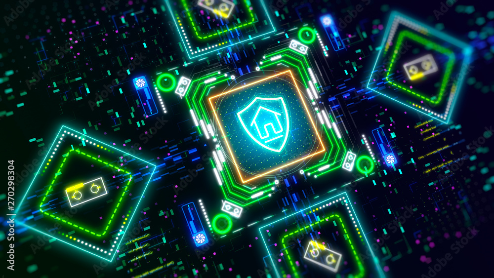 Fototapeta premium Security and protection. Shield and home symbol on glitch cyber background.