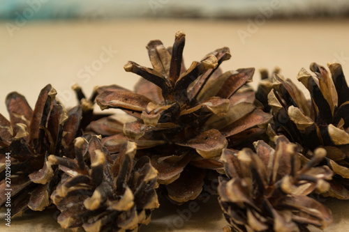 A pile of fir cones lies on the craft background. The concept of winter and Christmas