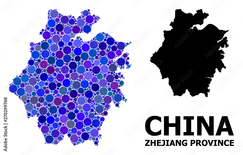 Obraz premium Blue Round Dot Mosaic Map of Zhejiang Province