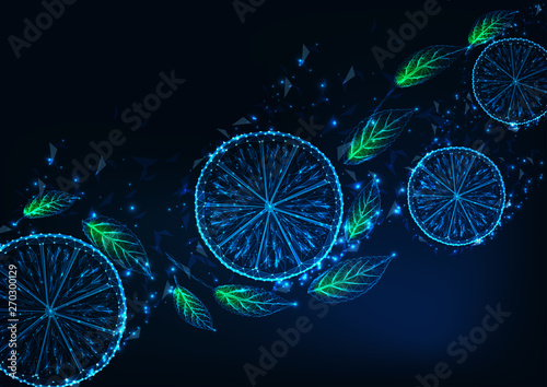 Futuristic background with glowing low poly lemon slices, green mint leaves, on dark blue .