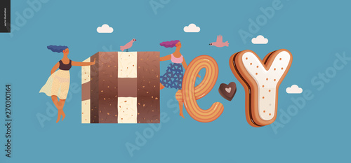 Dessert lettering - Hey - modern flat vector concept digital illustration of temptation font, sweet lettering and girls. Caramel, toffee, biscuit, waffle, cookie, cream and chocolate letters