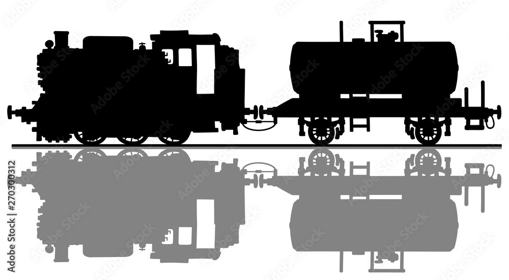 The hand drawing of a black silhouette of the vintage steam locomotive and a tank wagon
