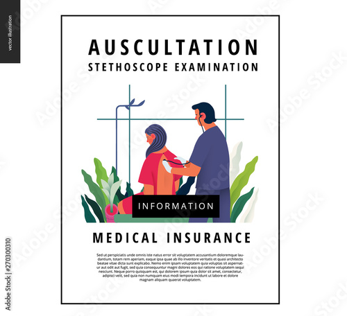 Medical tests template - auscultation - modern flat vector concept digital illustration of stethoscope examination procedure - patient and doctor carrying out procedure, medical office or laboratory