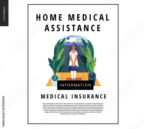 Medical insurance template -home medical assistance -modern flat vector concept digital illustration -nurse standing at the private residence entrance door Home medical service, part of insurance plan