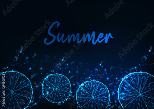 Summer web banner with glowing low polylemon slices, copyspace and text on dark blue background.