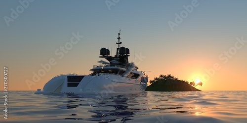 Extremely detailed and realistic high resolution 3D image of a Super Yacht approaching a tropical Island with palms - Illustration
