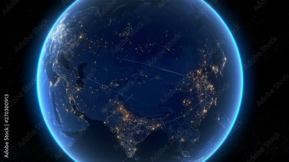 Global communication through a network of connections around the world. Zoom to Asia. Concept of internet, social media, traveling. High resolution textures of city lights, earth and stars.