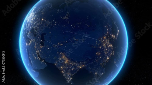 Global communication through a network of connections around the world. Zoom to Asia. Concept of internet, social media, traveling. High resolution textures of city lights, earth and stars.