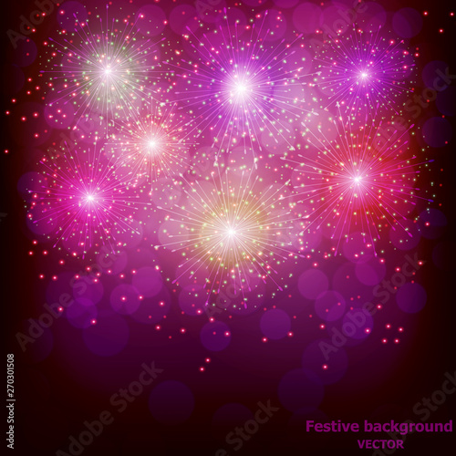 Bright firework for holidays. Sparkling in dark sky. Fireworks for festive events, new year, Christmas, 4th July. Vector illustration. © innabelavi