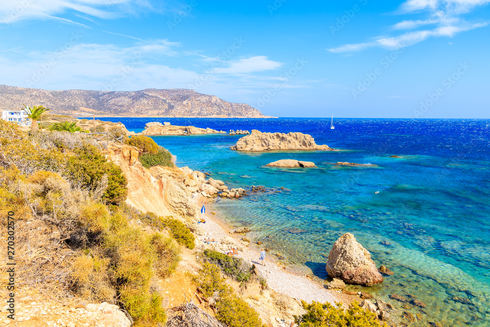 View of beautiful beach on Karpathos island near Ammopi village, Greece