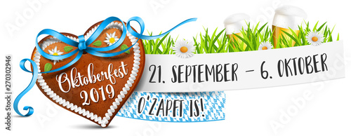 Oktoberfest 2019 Banner mit Lebkuchenherz, Bier und Datum Termin
