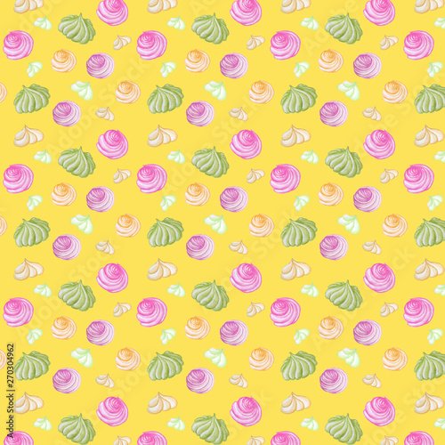 Fototapeta Naklejka Na Ścianę i Meble -  Bright colorful Sweet delicious watercolor pattern with meringue. Watercolor hand drawn illustration. Isolated elements on yellow background