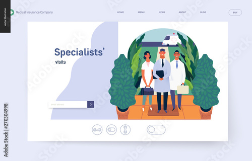 Medical insurance -specialists visit -modern flat vector concept digital illustration - medical specialists standing at the private residence entrance door Home medical service, part of insurance plan