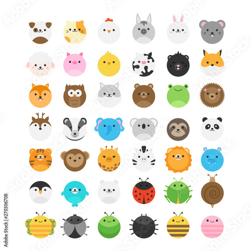 Fototapeta Naklejka Na Ścianę i Meble -  Cute animals vector icon set. Domestic, farm, zoo, forest, garden, wild animal round design illustrations. Mammals, birds and insect icon collection. Isolated.