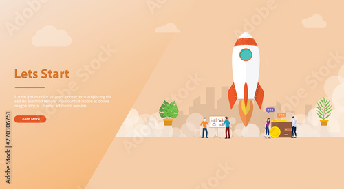 lets start big words concept with team people and rocket startup launch business for website template banner or landing homepage - vector photo