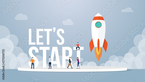 lets start big words concept with team people and rocket startup launch business with team people and smoke with modern flat style - vector photo