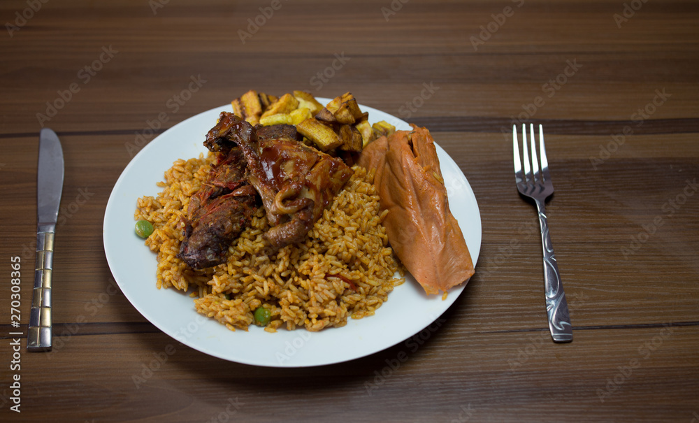fried rice, jollof rice and moi moi fried rice, jollof rice and moi moi