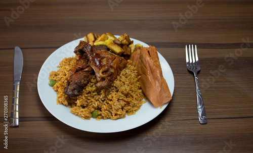 fried rice, jollof rice and moi moi