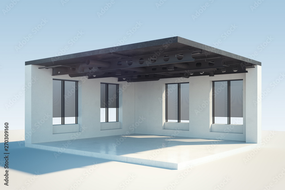 Modern house in cut with big windows and bright walls . 3d rendering.