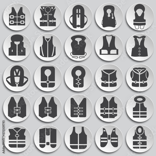 Life vest icons set on plates background for graphic and web design. Simple illustration. Internet concept symbol for website button or mobile app.