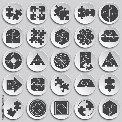 Puzzle icons set on plates background for graphic and web design. Simple vector sign. Internet concept symbol for website button or mobile app.