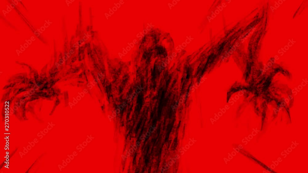 Scary fanged monster attacks in bloody nightmare. Scary blinking eyes in the night. Abstraction in genre of horror. Red color background. Vj looped animation.