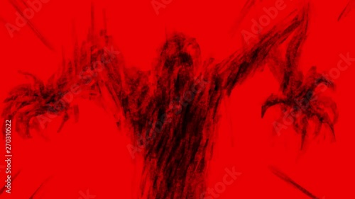 Scary fanged monster attacks in bloody nightmare. Scary blinking eyes in the night. Abstraction in genre of horror. Red color background. Vj looped animation.