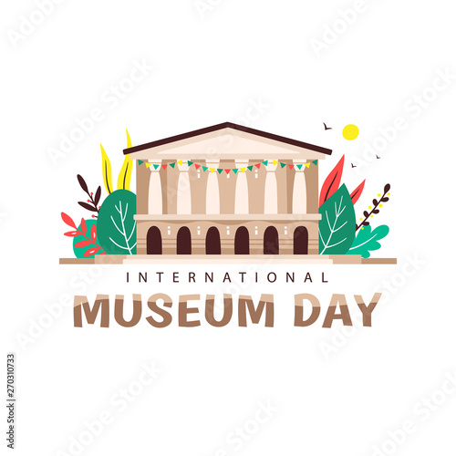 Vector illustration of International Museum Day. The building in the classical style on the background of colorful leaves