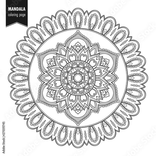 Decorative monochrome ethnic mandala pattern. Anti-stress coloring book page for adults. Hand drawn illustration