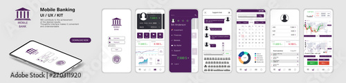 Mobile Banking App, UI, UX, KIT. A set of - Mockups screens for mobile banking or website with different GUI. (Login, payment detailed data statistics, money transfers and transactions, chat support)