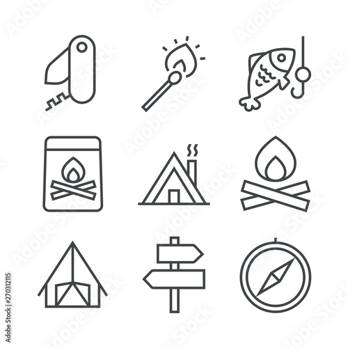 Set of icons with accessories for summer outdoor recreation
