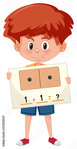 A boy holding math question card