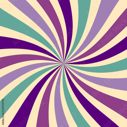 retro sunburst background in abstract twirled pattern with a vintage color palette of purple green and beige in a spiral or swirled striped design