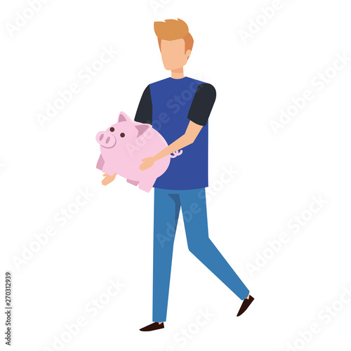 young man lifting piggy savings character