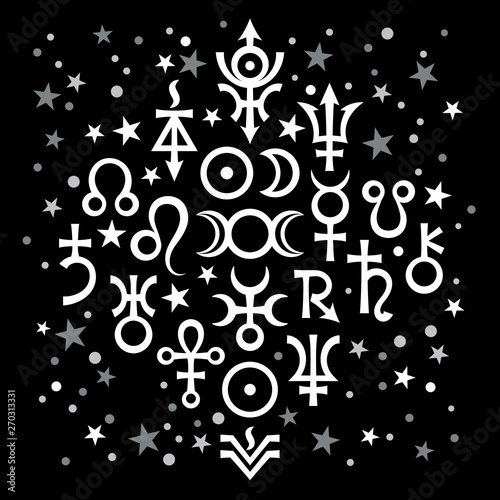 Astrological set №20, the excerpt of some recent astrological signs and occult mystical symbols. Astrological pattern, black-and-white celestial background with stars.