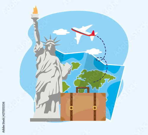 liberty statue with global map and baggage