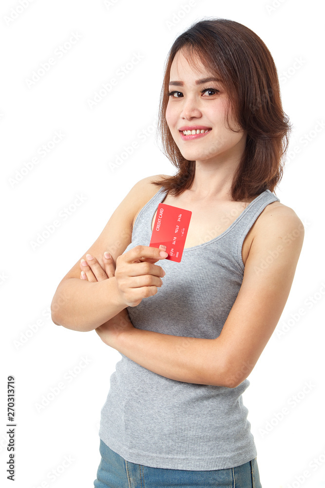 Young smiling asian woman presenting credit card Young smiling asian woman presenting credit card