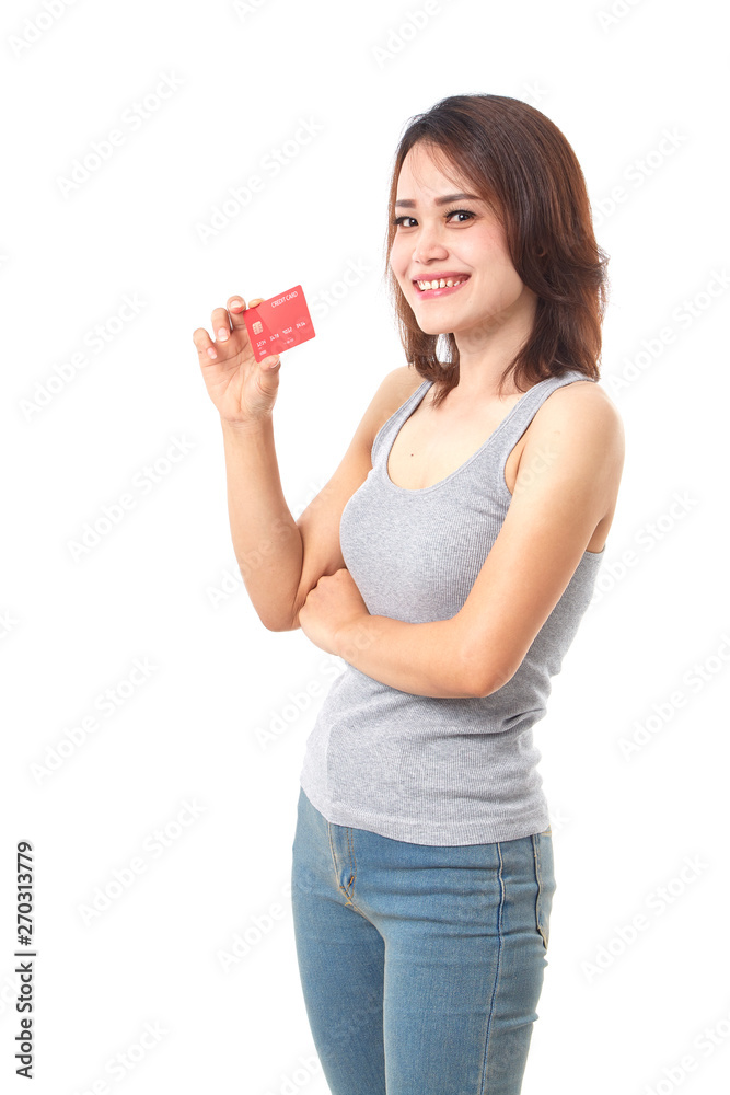 Young smiling asian woman presenting credit card Young smiling asian woman presenting credit card