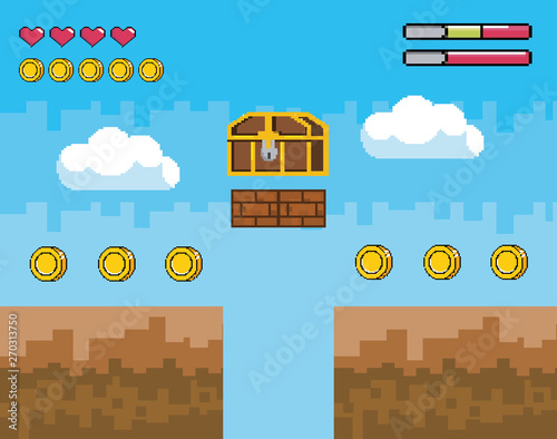 videogame scene with pixelated coffer with coins and life bar
