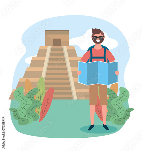 travel man with global map and temple inscription destination