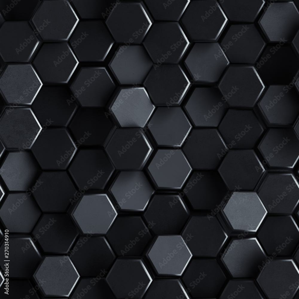 Seamless pattern of black concrete hexagons 3D render Seamless pattern of black concrete hexagons 3D render