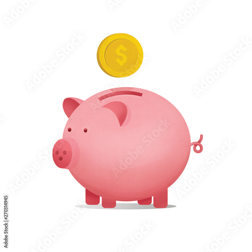 piggy bank with falling coins illustration isolated on white background.