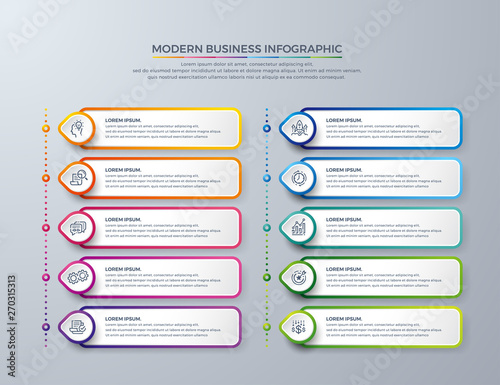 Infographic design with 10 process choices or steps. Design elements for your business such as reports, leaflets, brochures, workflows and more. Infographic design with modern colors and simple icons.
