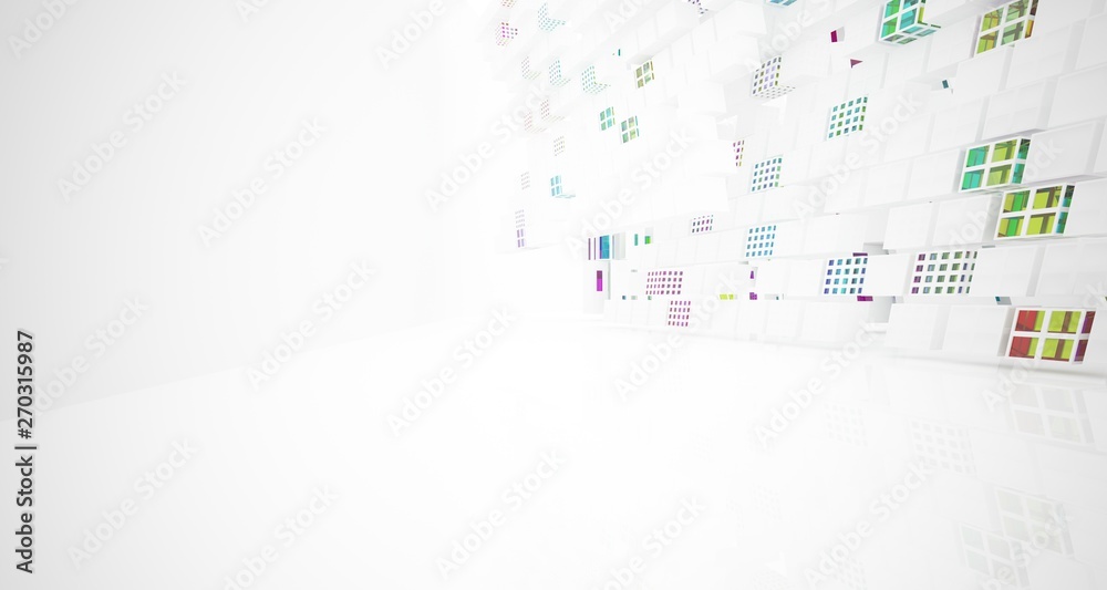 Obraz premium Abstract white and colored gradient glasses interior multilevel public space with window. 3D illustration and rendering.