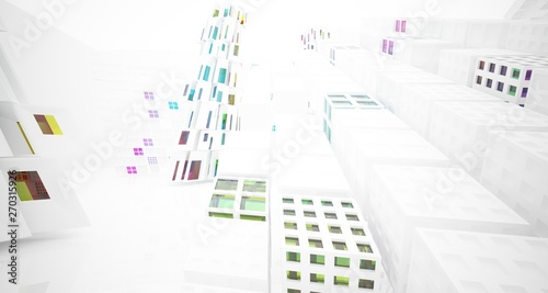 Abstract white and colored gradient glasses interior multilevel public space with window. 3D illustration and rendering.